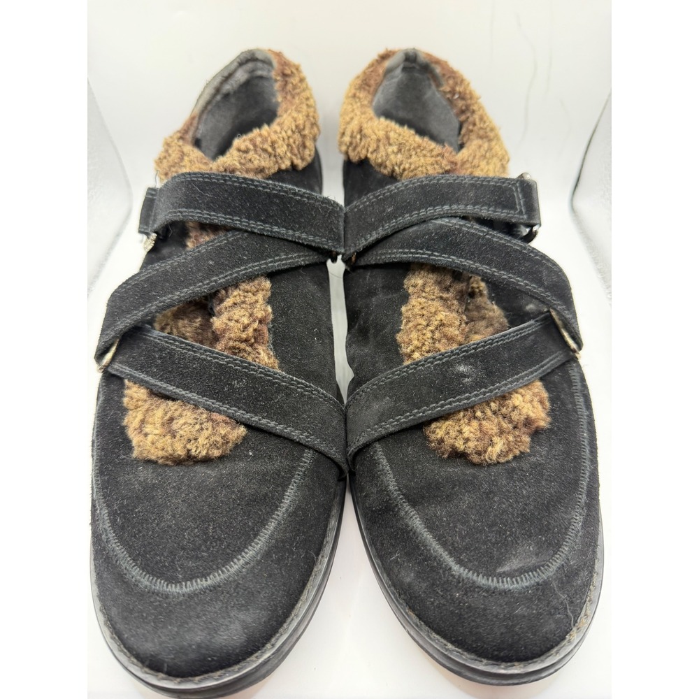 Stuart Weitzman Black Suede Shearling Trim Strap Loafers Made in Spain Size 10 M